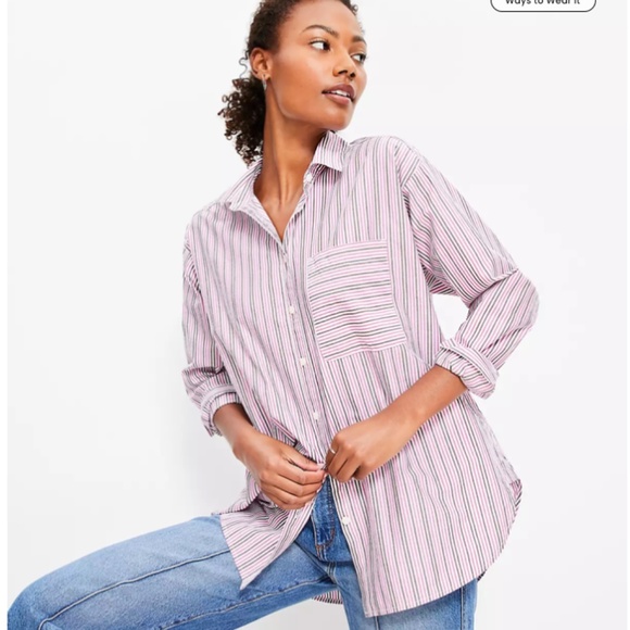 Loft Striped Linen-Blend  Everyday Oversized Pocket Shirt - navy/white - large - Picture 8 of 9